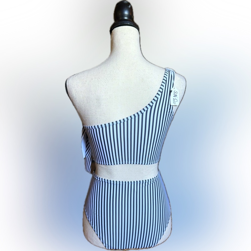 STRIPED RUFFLE ONE SHOULDER HIGH WAISTED BIKINI - Picture 2 of 3